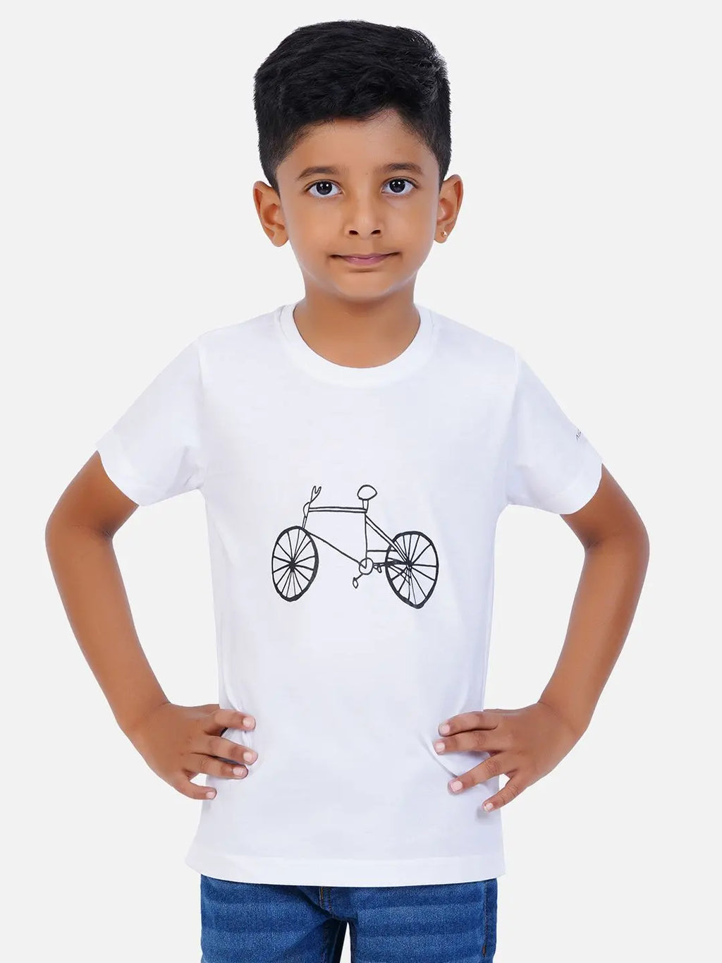 AirGarb kids' t-shirt featuring soft black cotton fabric, a round neck, and a stylish bottle green drawn cycle design, perfect for casual wear.