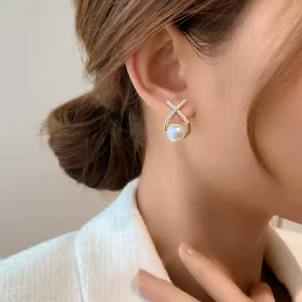 Elegant Gold Plated Pearl Stud Cross Earrings